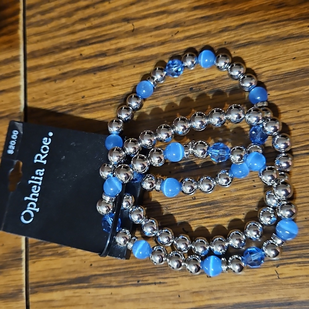 OPHELIA ROE Trio Bracelets Arm Candy Blue Cats Eye & Crystals + Silver Beads-New